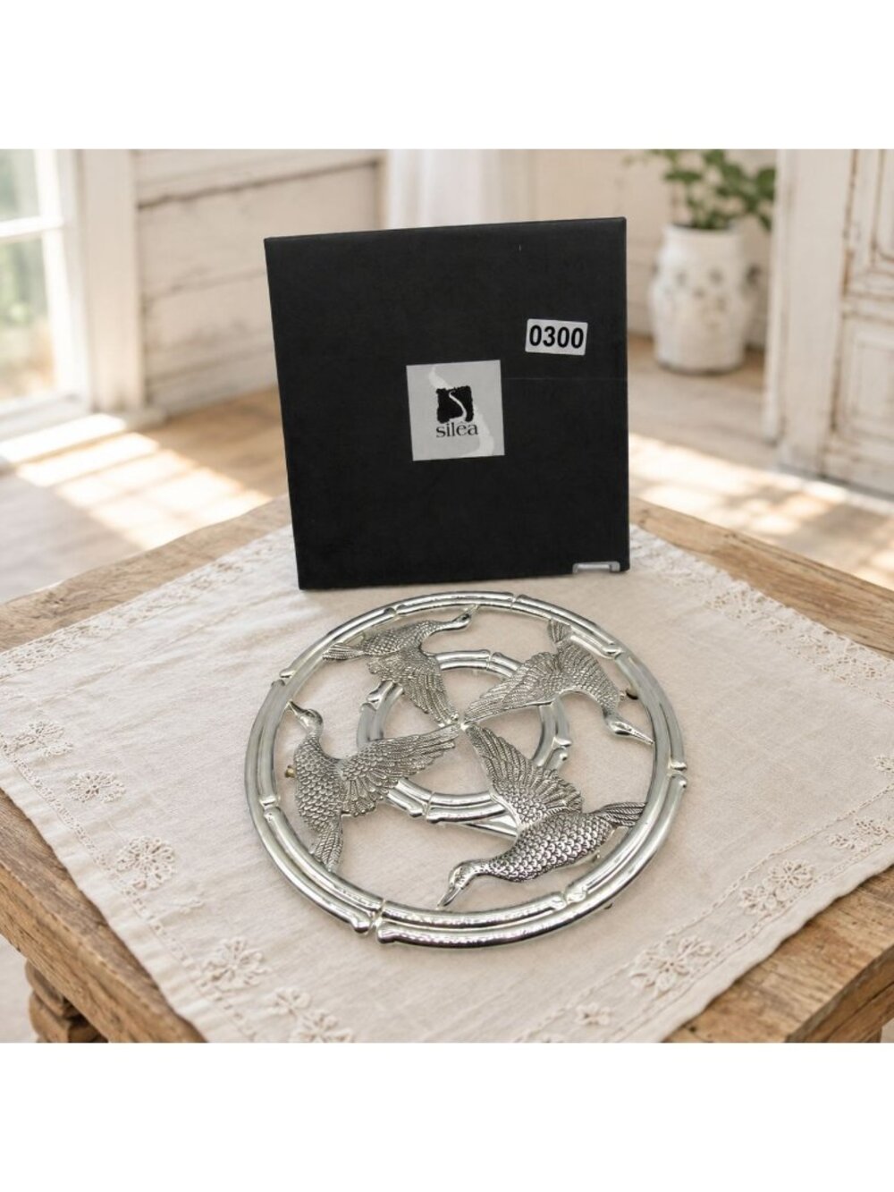 Silea Expandable Trivet Silver Plated Zinc with Duck Bird Design 8.5" Boxed